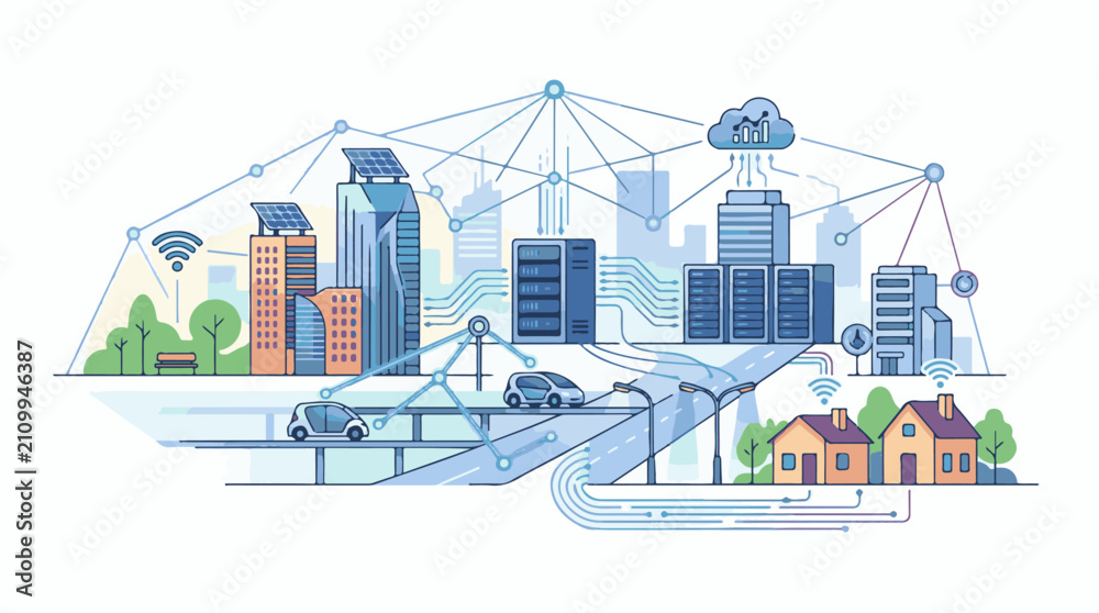 Fototapeta premium Digital city network connects infrastructure vehicles homes and cloud