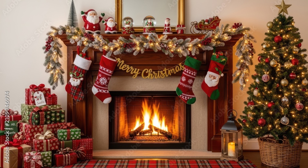 Fototapeta premium A warmly decorated fireplace creates a cozy Christmas scene. A roaring fire glows within the hearth, illuminating a garland adorned with 