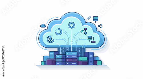 Digital cloud computing concept with servers and data flow