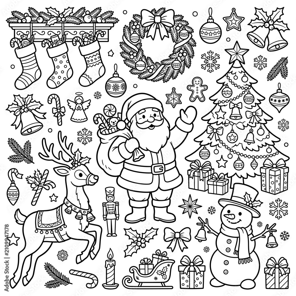 Fototapeta premium Christmas Doodles Collection Black and White Line Art