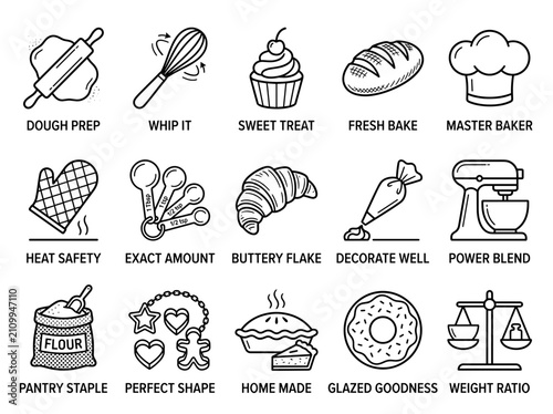 Obraz na plátne Collection of kitchen baking icons showing dough prep whisking whipping and deco