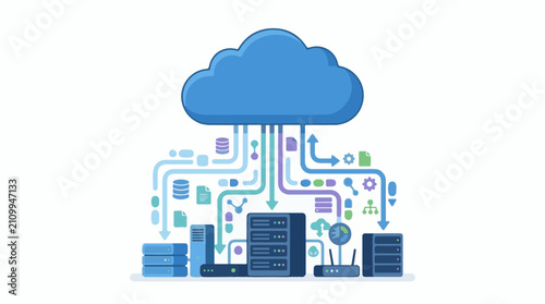 Digital cloud computing infrastructure with servers and data flow pathways