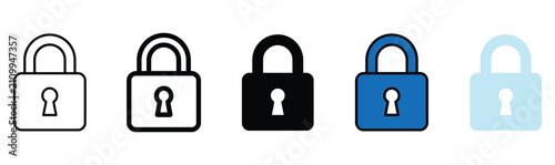Set of closed padlock and security icons in multiple styles