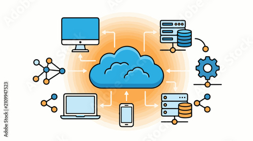 Digital cloud computing network diagram connecting devices and servers