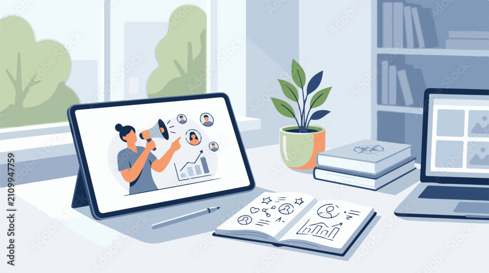 Fototapeta premium Desk scene with tablet showing person with megaphone notebook books plant and laptop