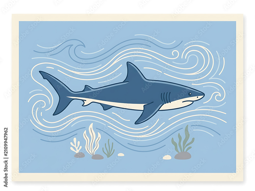 Naklejka premium Cute Great White Shark Swimming Underwater Marine Life Ocean Art Poster Design