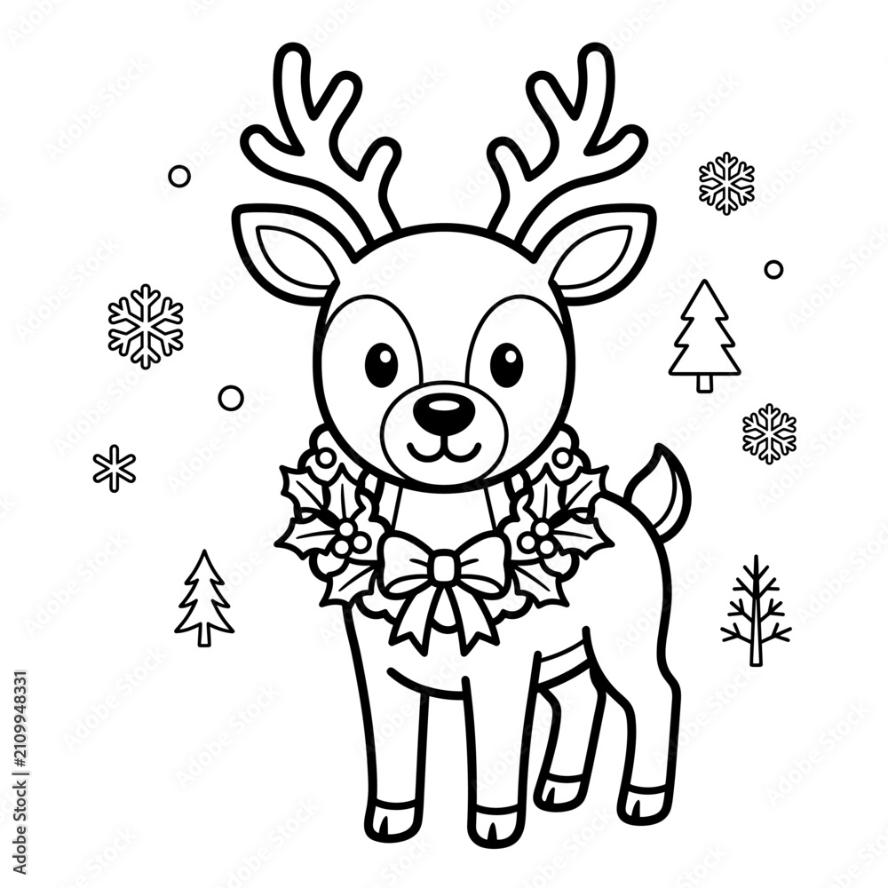 Fototapeta premium Cute Reindeer with Christmas Wreath Coloring Page