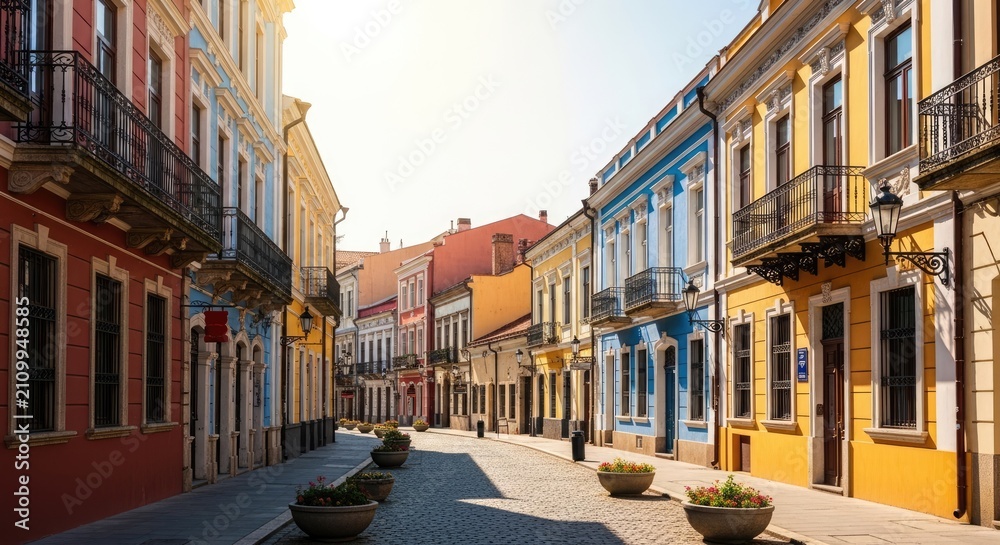 Fototapeta premium The image showcases a picturesque, historic street in a European city. Colorful buildings line the cobblestone street, each with unique architectural details and vibrant facades.