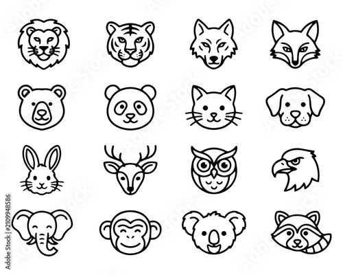 Premium Bold Outline Animal Face Icon Set – 16 Minimal Vector Wildlife Avatar Icons Collection