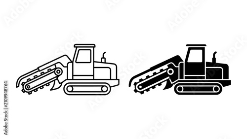 Canvas Print Trench Digger Icon: A set of line and silhouette icons depicting a tracked trench digging machine, also known as a trencher, with its digging chain extended, ready for excavation