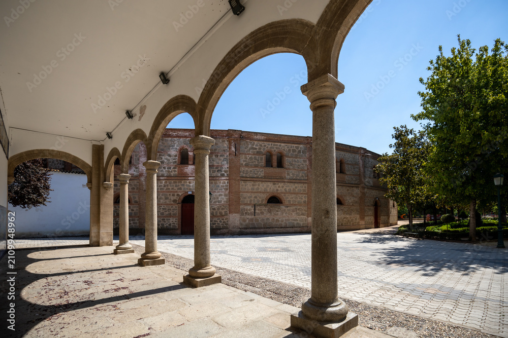 Fototapeta premium Columns at the entrance to the Basilica of Our Lady of El Prado in Talavera de la Reina, Toledo, Spain, with the bullring in the background