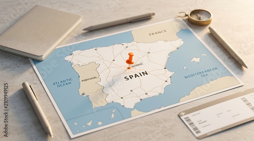 Tourism planning concept showing physical map of Spain with orange pushpin marking Madrid alongside travel accessories