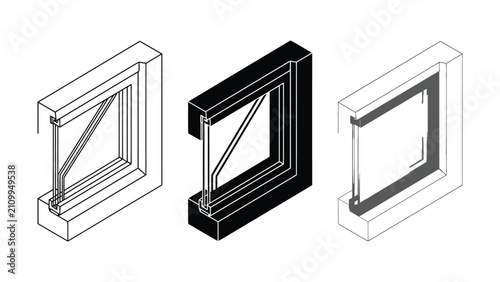 Fotografie Three Different Window Frame Designs With Isometric Perspective View
