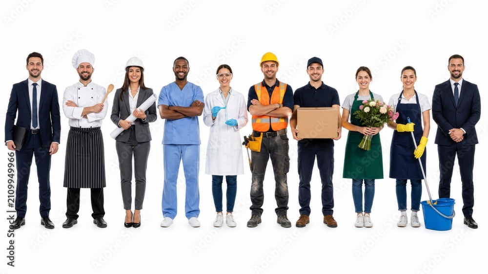 Fototapeta premium Diverse Group of Professionals from Different Industries Standing on White Background