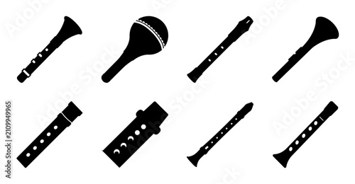 Set of eight black musical wind instruments icon - Minimalist black and white vector icons of various wind instruments like clarinets, saxophones, and flutes arranged neatly in two rows.