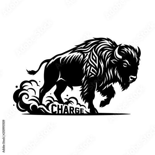 Charging american bison silhouette with the word charge, rendered in black on a white background, for sports and, wildlife branding projects