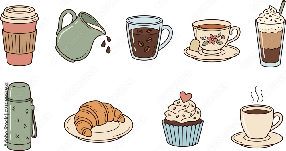 Fototapeta premium Cute Coffee and Bakery Icon Set Hand Drawn Cafe Elements Cup Croissant Cupcake Thermos Teapot Vector Illustration Collection