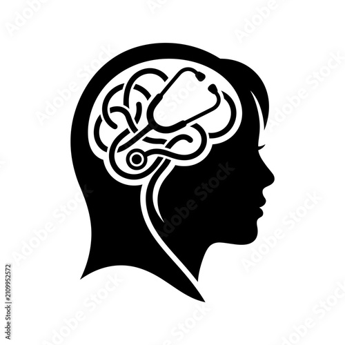 Konstfotografi Mental health medical icon, female head silhouette with stethoscope brain, neuro