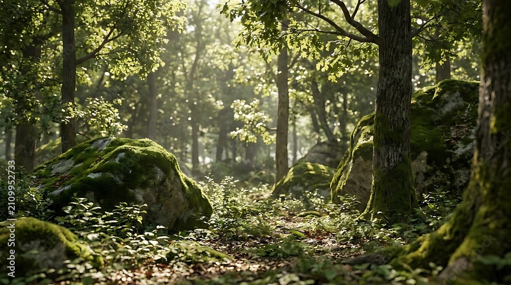Fototapeta premium A peaceful path winding through a lush green turkey conservation area with moss covered boulders and dappled sunlight filtering through the dense woodland