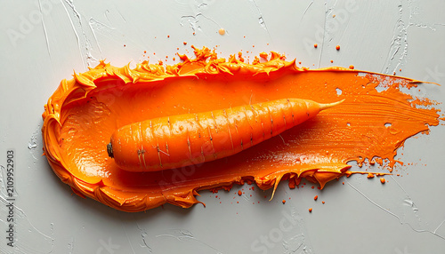 A vibrant orange carrot resting on a thick, textured smear of bright orange paint against a light grey background.