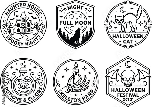 Spooky halloween emblem vector set, circular and shield badges, haunted house, wolf howling, halloween cat, poison elixir bottle, winged skull