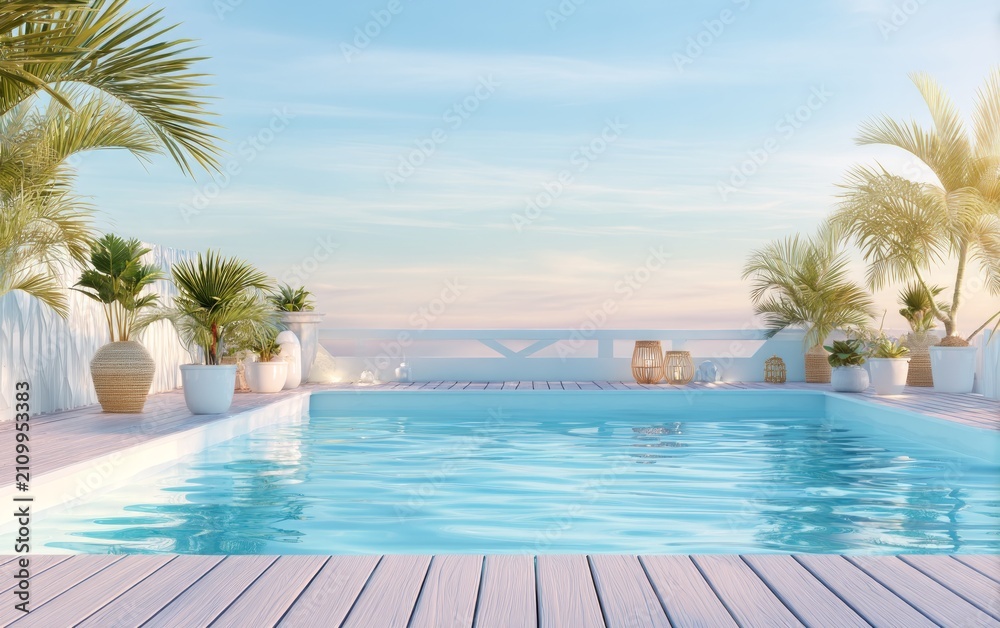 Fototapeta premium Relaxing outdoor pool view with tropical plants and wooden deck at sunset