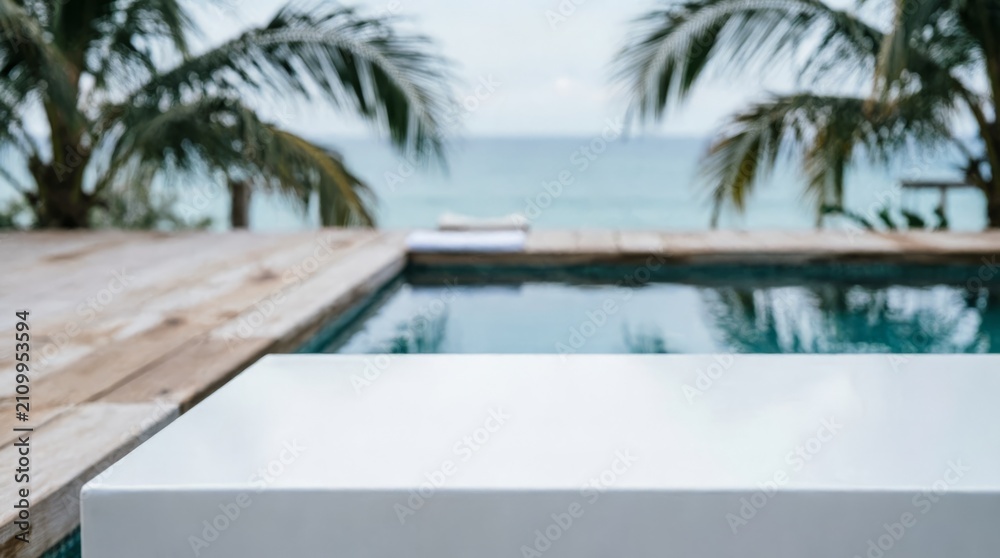 Fototapeta premium White Table Top with Pool and Ocean View for Product Display
