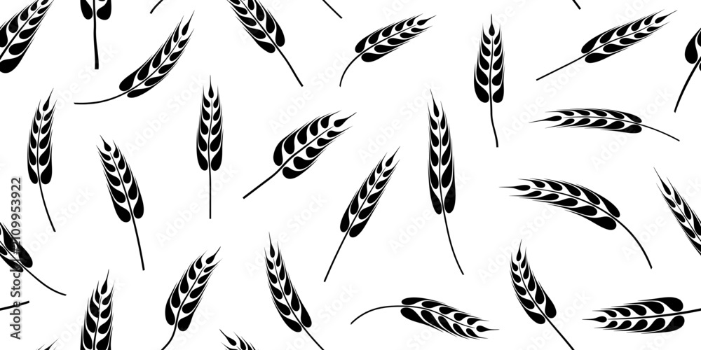 Fototapeta premium Seamless pattern of wheat ears, rye or barley, agriculture and harvest, black isolated silhouette on white background, vector print