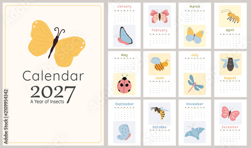 Cute 2027 insect calendar collection featuring hand-drawn flat vector illustrations of colorful butterflies, bee, dragonfly, ladybug, wasp, fly and ant in a soft pastel palette. Minimal Scandinavian s