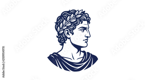 Illustration of Apollo, the Greek god, wearing a laurel wreath and draped in classical robes, depicted in profile