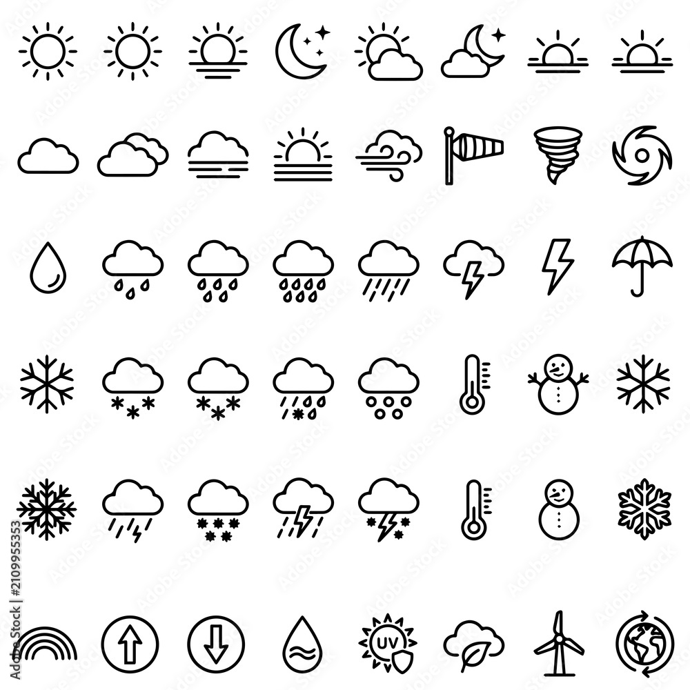 Fototapeta premium Set of black weather and climate featuring sun, clouds, rain, snow, wind, and temperature symbols on a white background