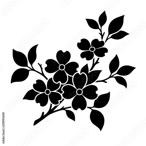 Simple black silhouette of a flowering dogwood branch with four petaled blossoms and leaves isolated on a white background for