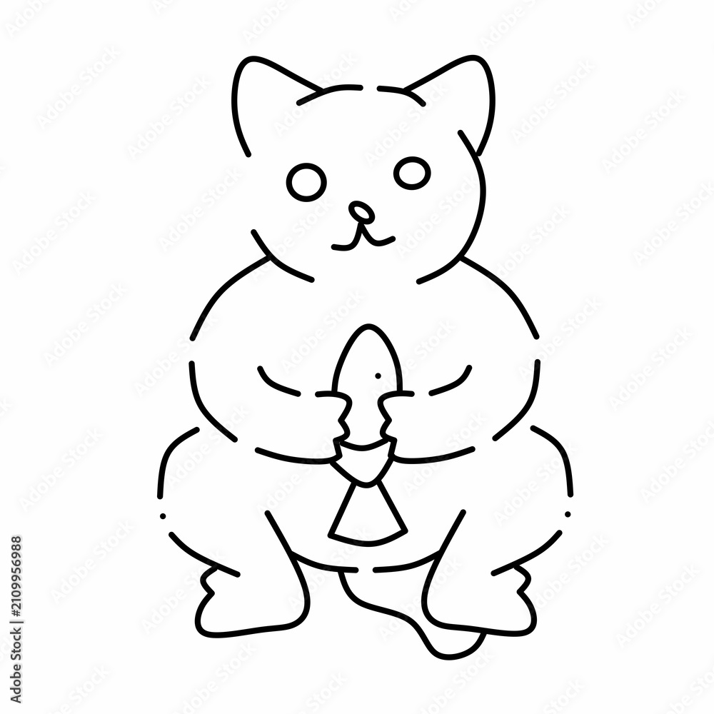 Obraz premium Minimalist Black and White Vector Line Art Illustration of a Cute Cartoon Cat Holding a Fish, Hand Drawn Style Isolated on White