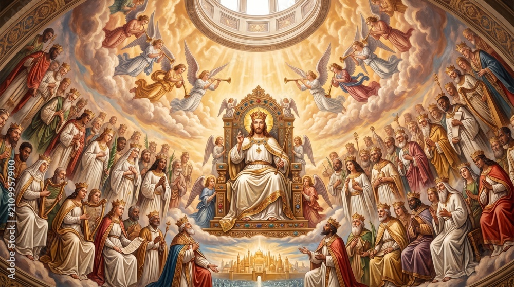 Obraz premium Jesus sitting on golden throne in heaven surrounded by angels and saints. Religious depiction of divine kingdom and afterlife. Spiritual glory and biblical ascension illustration.