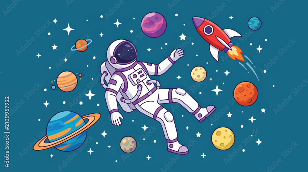 Naklejka premium A cartoon astronaut floats in outer space surrounded by colorful planets, stars, and a small rocket ship