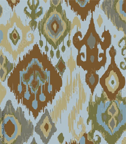 Ikat abstract pattern. Illustration ikat blue watercolor abstract floral paisley seamless pattern. Ikat abstract pattern use for fabric, textile, home decoration elements, upholstery, wrapping,	