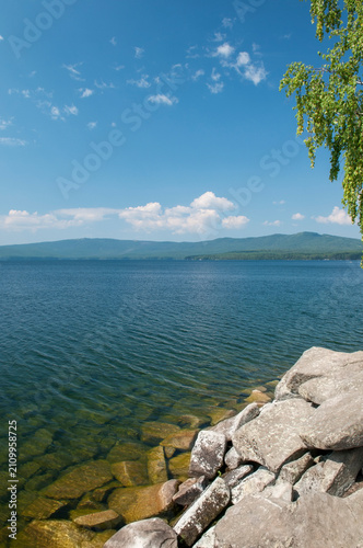 Summer view of lake Turgoyak with its clear blue water, South Ural, Russian Federation