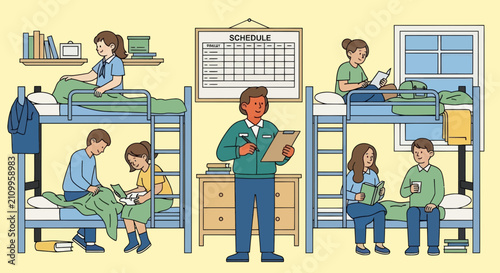 Boarding School Supervisor Overseeing Students in Dormitory