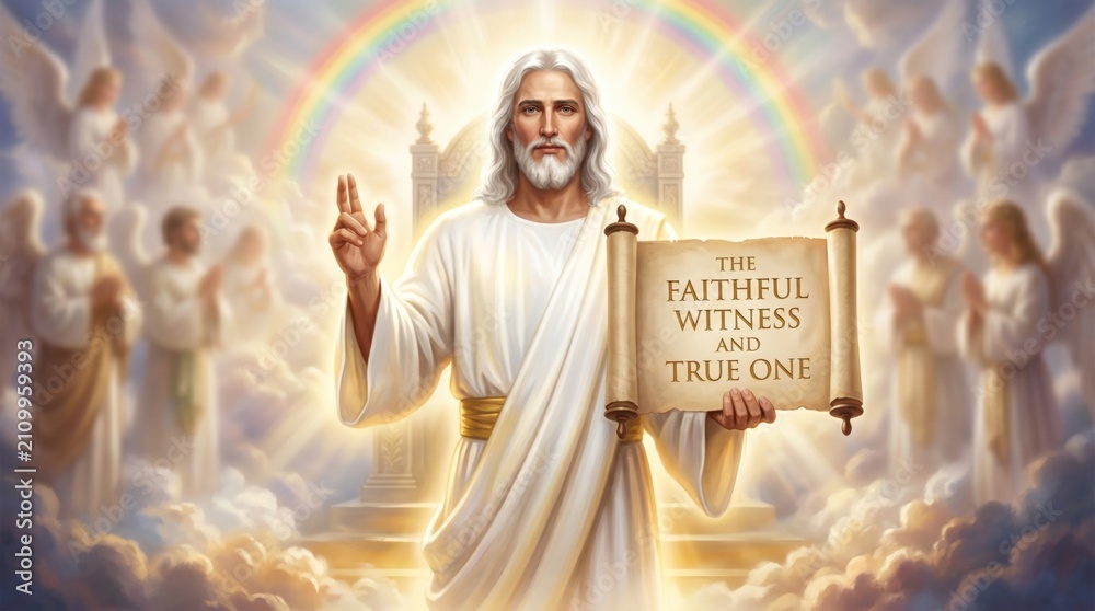 Obraz premium Jesus Christ holding a scroll with celestial light. Religious man figure surrounded by angel figures in heaven. Kingdom of God, divine blessing, spirituality and christianity concept.