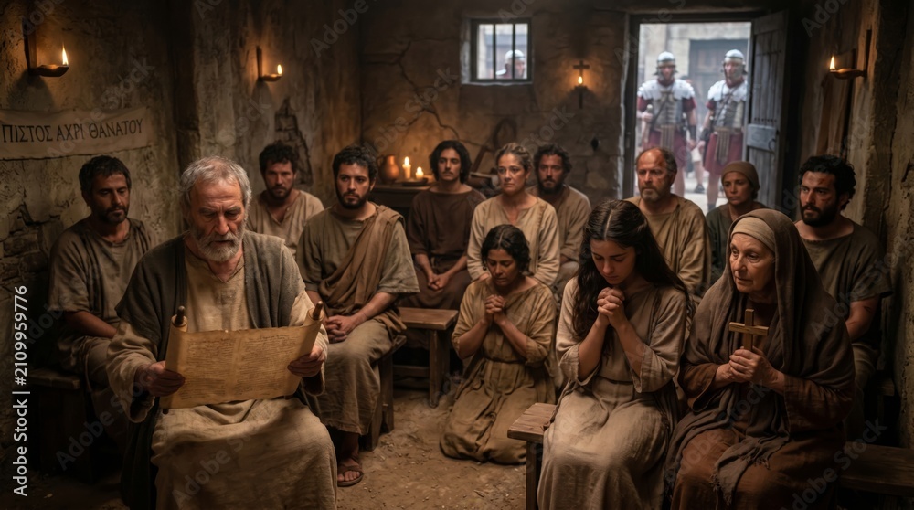 Fototapeta premium Elderly man reading scroll to group of men and women praying in dim underground room. Ancient Christian community gathered in hiding while Roman soldiers approach. Biblical historical scene.