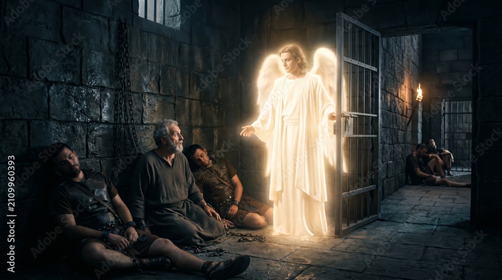 Obraz premium Bright angel rescuing man from dark stone prison. Cinematic scene of spiritual liberation. Biblical story of apostle deliverance by divine intervention. Miraculous escape from captivity.