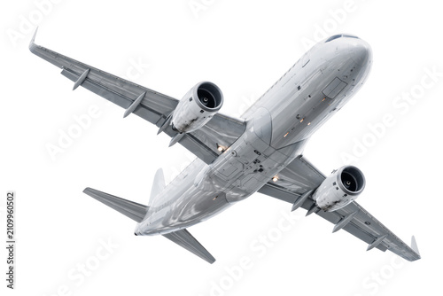 Fotografía Airplane flying bottom view isolated PNG, white commercial passenger jetliner in