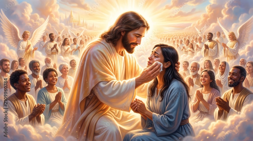 Obraz premium Jesus comforting a crying woman in heaven surrounded by angels and souls. Biblical scene depicting god wiping away tears from a faithful believer. Spiritual afterlife redemption concept.