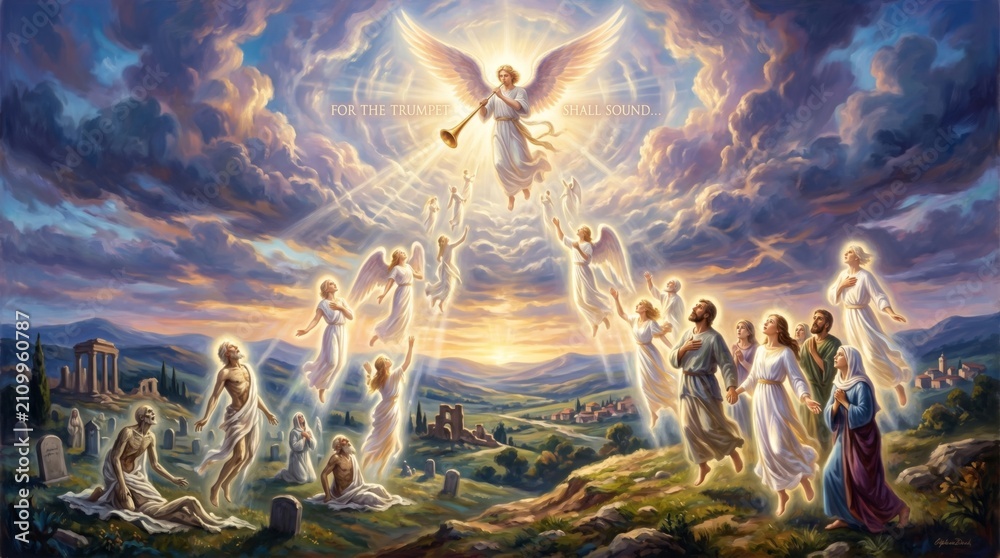Obraz premium Angel blowing trumpet in sky with rising people from grave. Resurrection of dead in biblical scene. Religious painting depicting rapture of church into heaven. Spiritual faith concept.