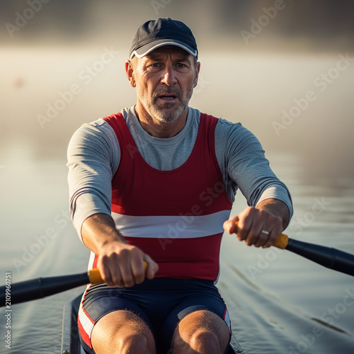 Middle-aged man rowing a boat on a calm misty lake at sunrise, focused athlete participating in sculling exercise outdoors for fitness and health
