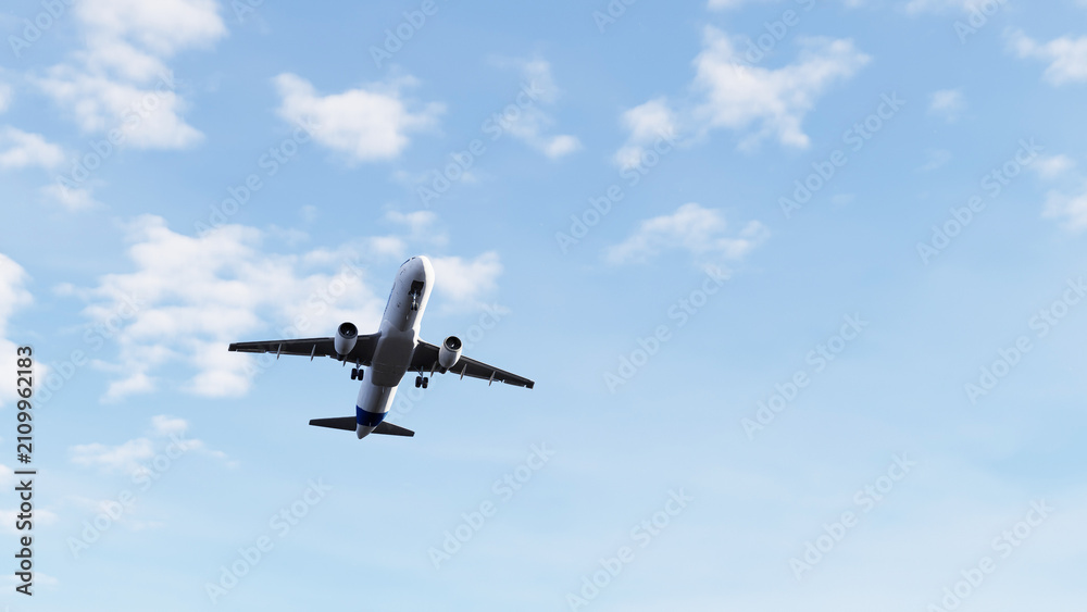 Fototapeta premium Commercial passenger airplane flying through the sky and taking off, ideal for aviation, air travel, tourism, transportation, airline, and travel content.