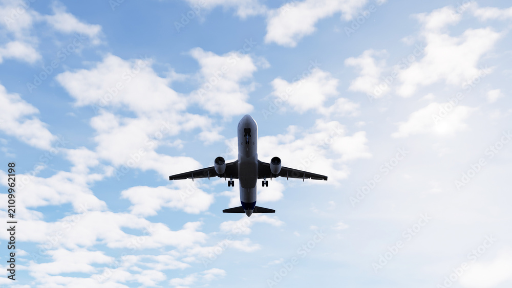 Fototapeta premium Commercial airplane flying in the sky, ideal for travel, aviation, transportation, airline, and air travel concepts. Travel, tourism.