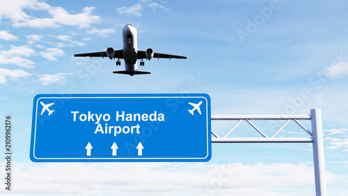 tokyo haneda highway sign with a commercial airplane flying overhead, ideal for aviation, air travel, transportation, tourism, and infrastructure content.