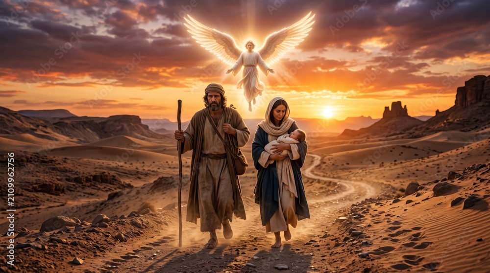 Obraz premium Man Joseph and woman Mary holding child Jesus walking on desert path with light of guardian angel. Biblical nativity scene of holy family flight to Egypt. Christian spiritual concept.