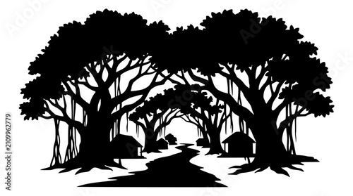 Village Path Silhouette with Banyan Trees and Huts